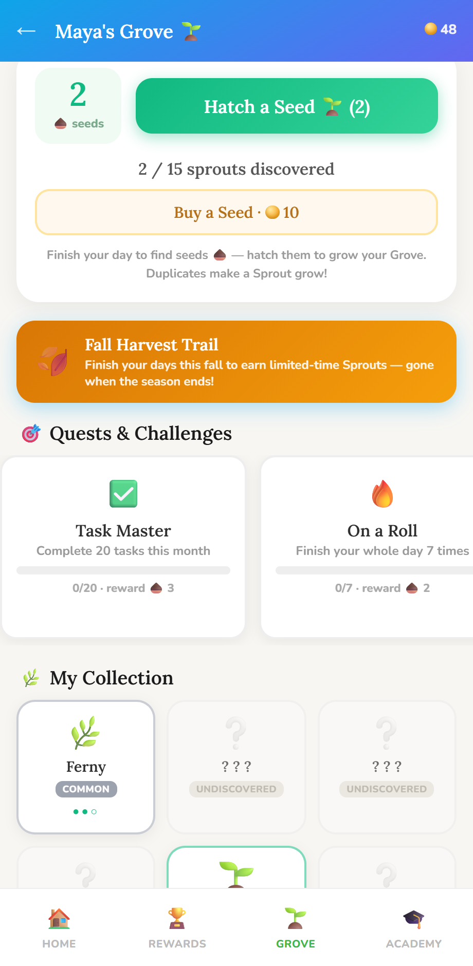 A child's Grove in Trellis — hatching secret seeds, discovering sprouts, and a seasonal Fall Harvest Trail